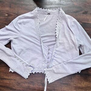 Free People Lavender Ribbed Button and Tie Front Crop Top